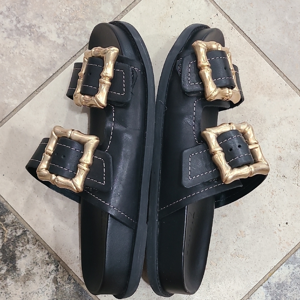 SCHUTZ Black Slides with Gold Accents - Picture 3 of 8